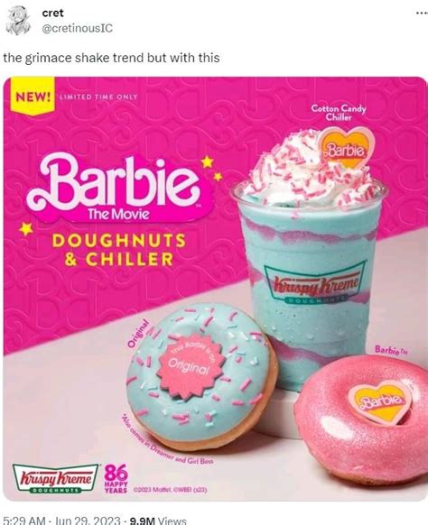 Barbie shake krispy kreme - Sep 18, 2023 · The Krispy Kreme Barbie Shake contains a variety of ingredients, including sugar, cream, and artificial flavorings. It also contains nearly 200 calories per serving, as well as 10 grams of fat and 33 grams of carbohydrates. 